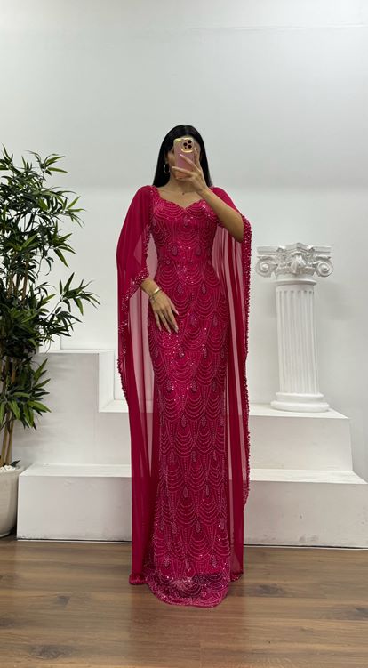 Fuşya İşlemeli Pelerinli  Abiye Elbise